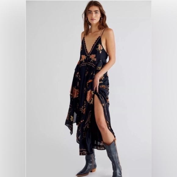 Free People Audrey Embroidered Ruffles Tie Asymmetrical Maxi Dress S - Picture 2 of 6
